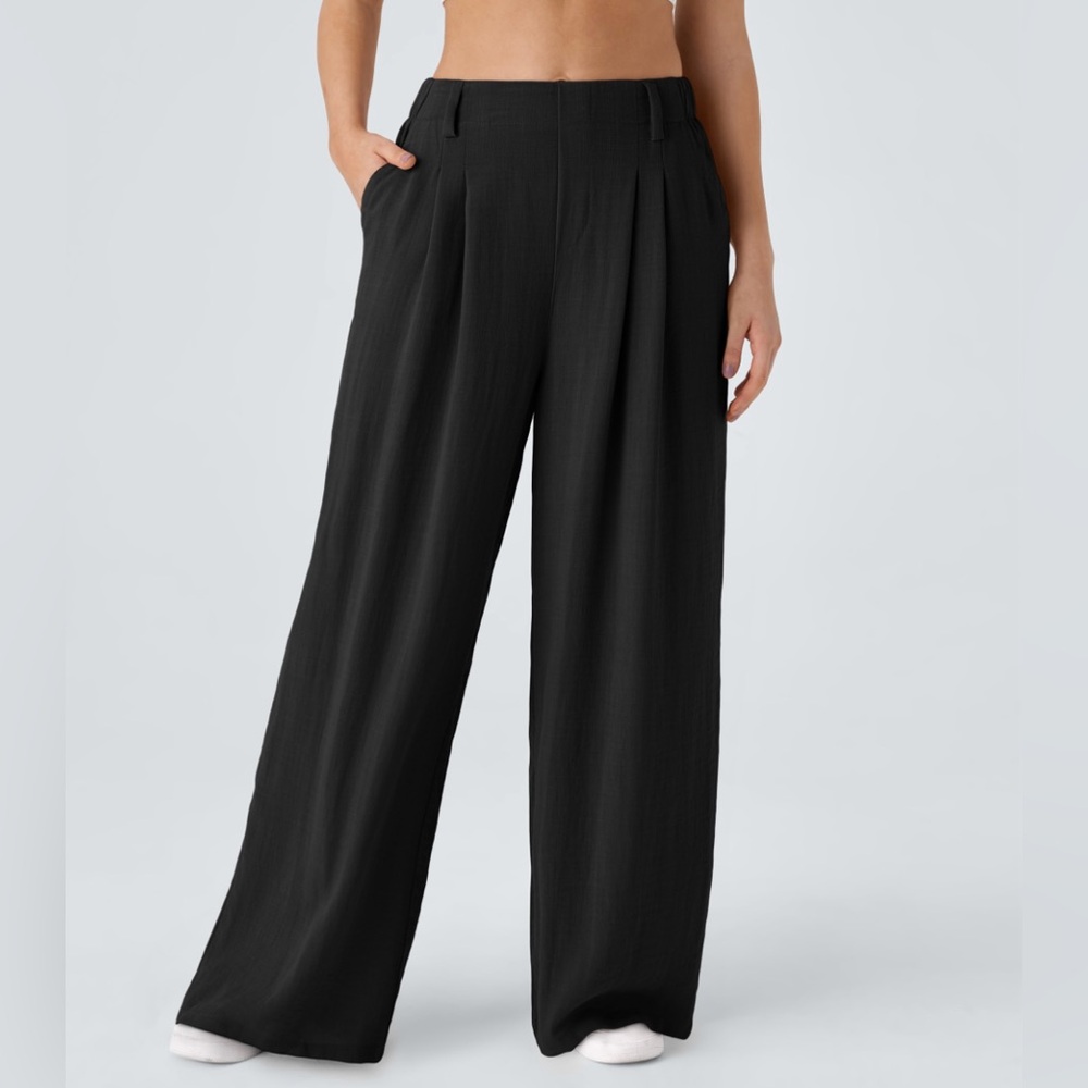 HALARA Pants Womens Large Black Pleated Wide Leg Flowy Palazzo Pants Pocket NWT